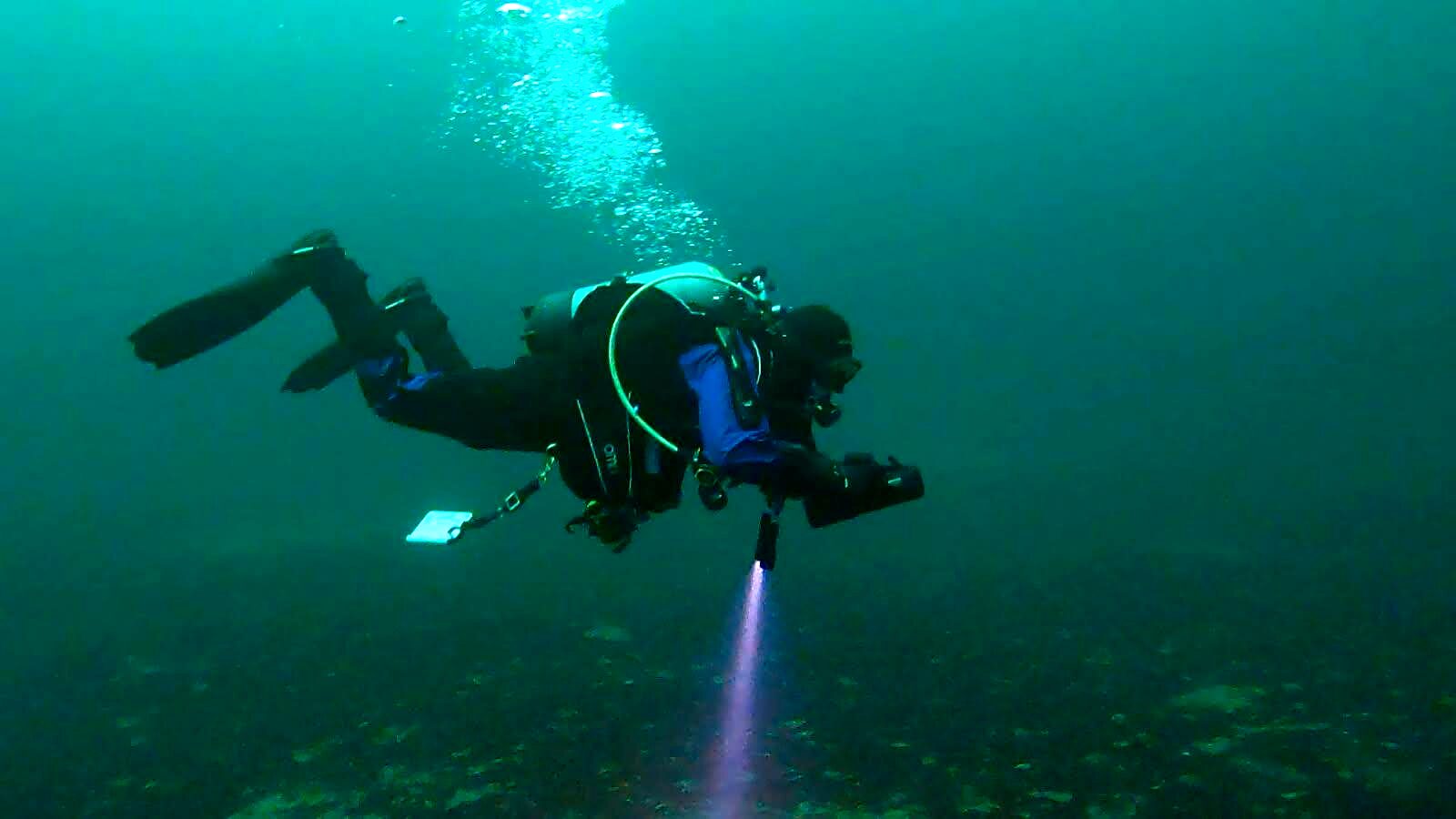 Diver with a torch over the bottom